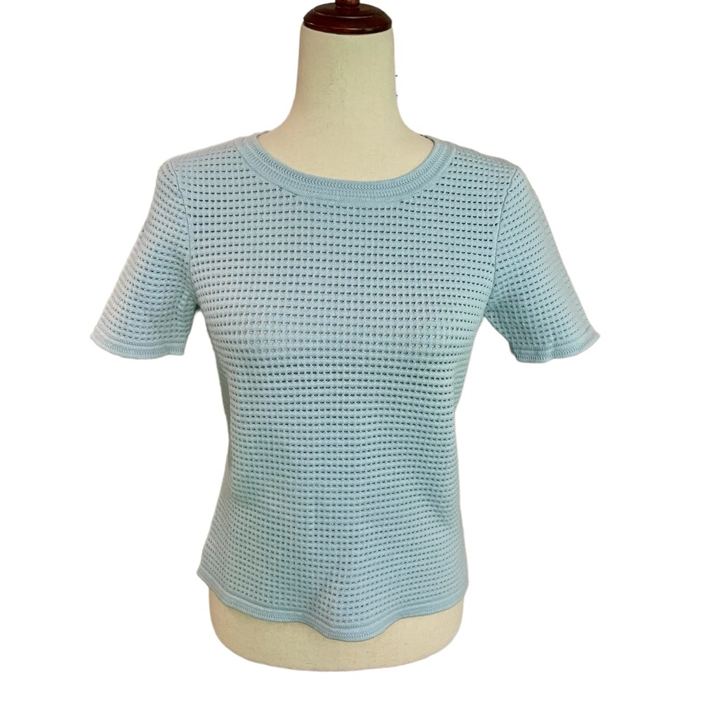 MILLY Perforated Fitted Stretch Short Sleeve Sweater